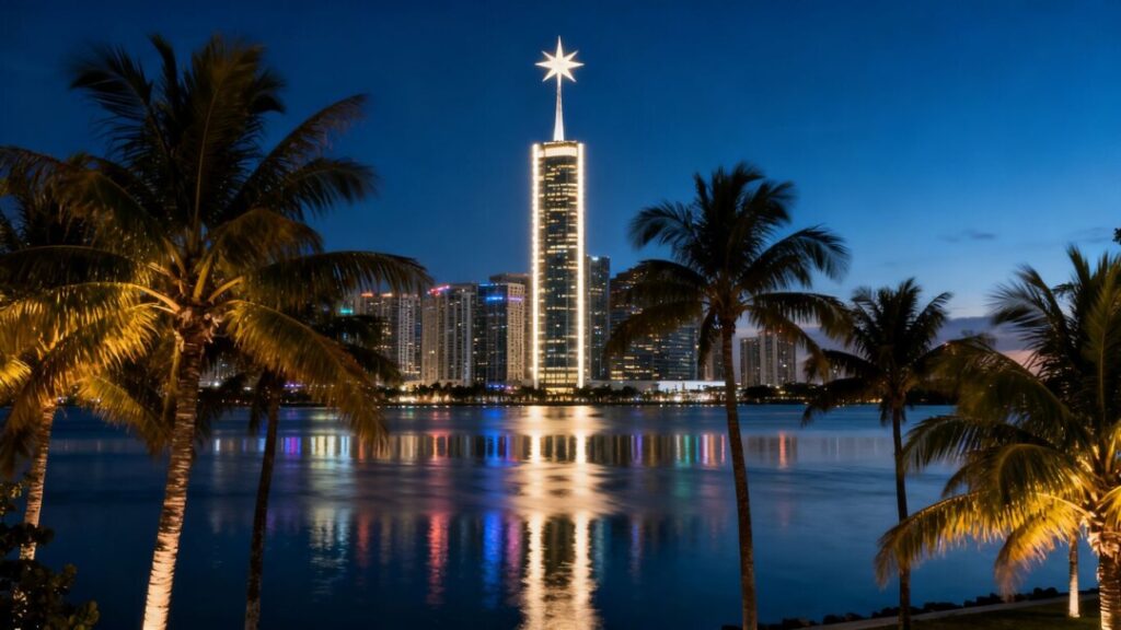 Luxury Miami skyscraper 'Brickell Starlite' at night.