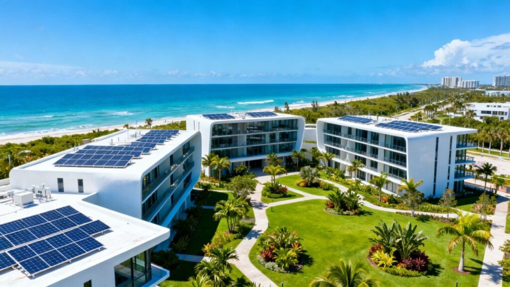 Florida coast with new sustainable buildings and green spaces.