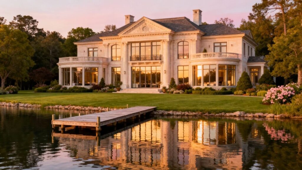 Ultra-luxury lakefront mansion with manicured lawns and private dock.