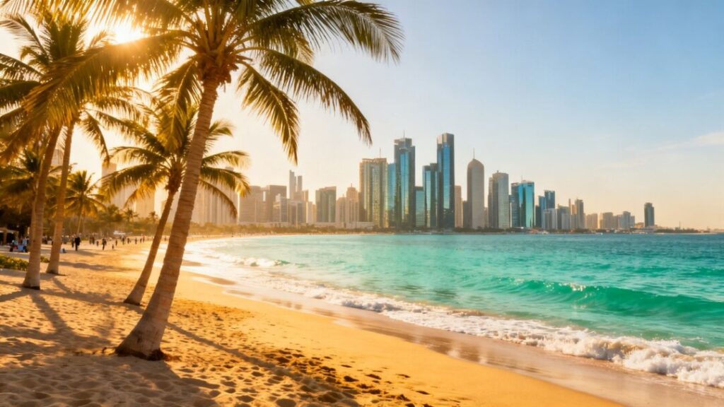 Florida coastline with beaches, palm trees, and city skyline.