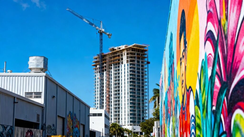 Wynwood residential tower construction site with cranes.