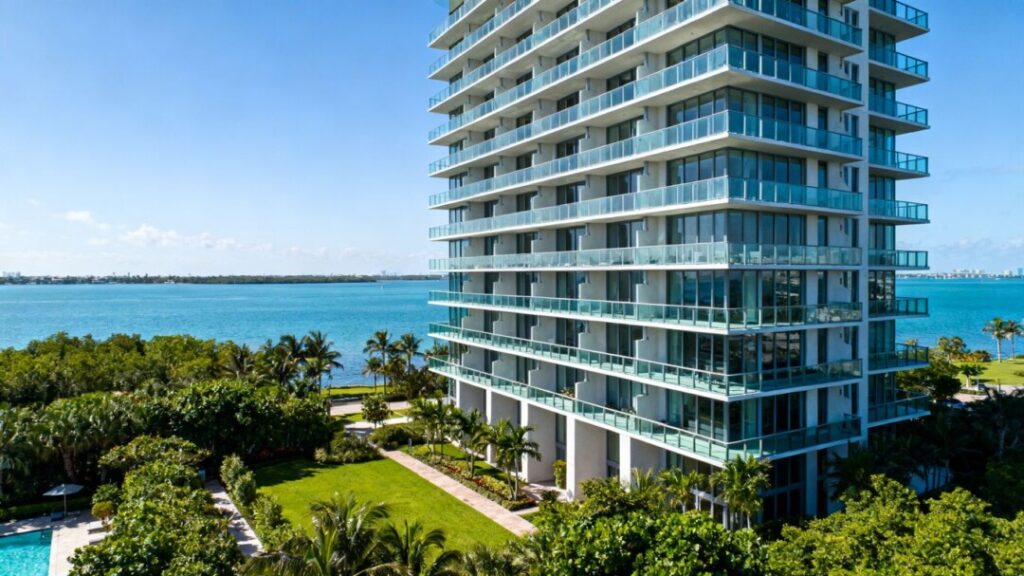 Luxury waterfront residences with glass balconies and lush landscaping.
