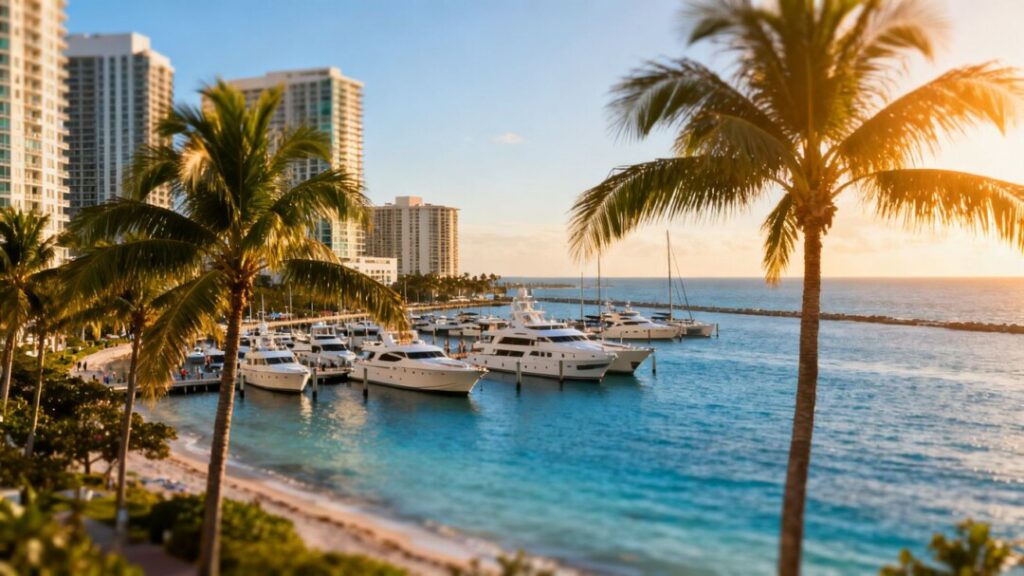 Florida coastline with buildings and yachts.
