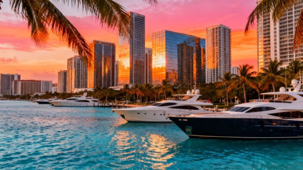 Miami skyline with yachts and palm trees.