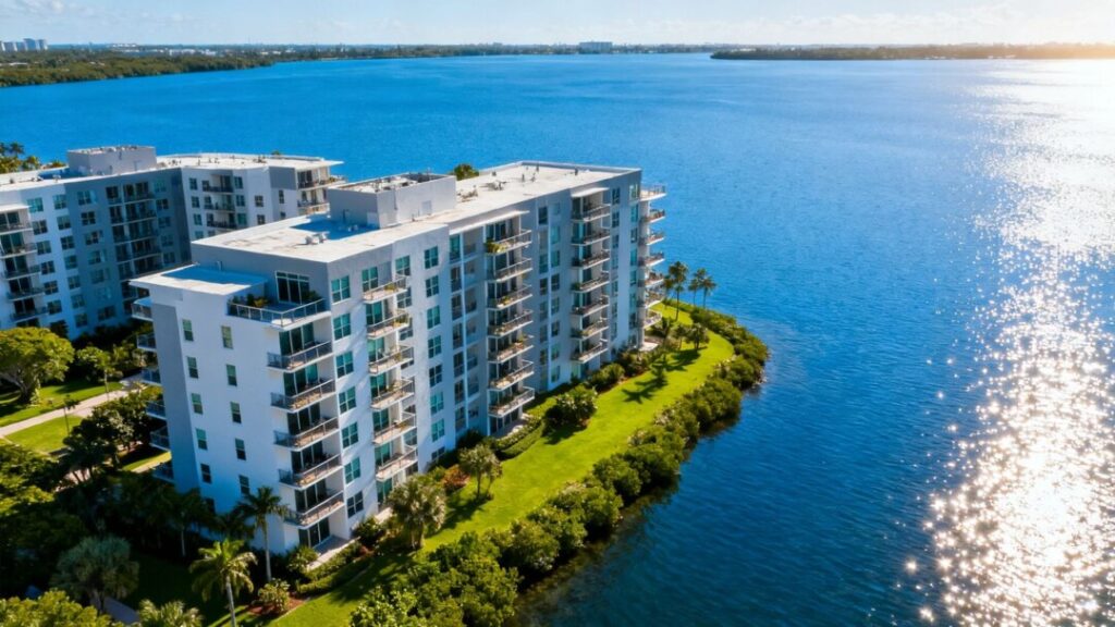 Miami-Dade bayfront apartment complex with water views.
