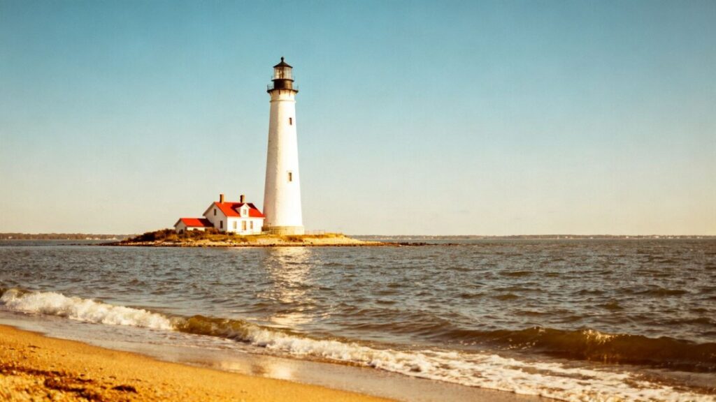 Historic Chesapeake Bay lighthouse with keeper's house.