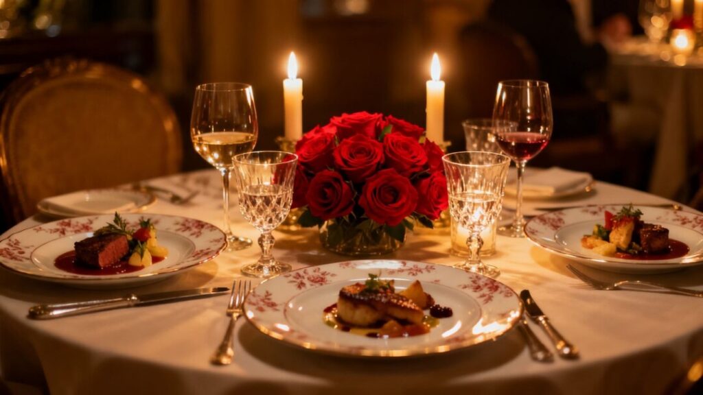 Elegant dining table with gourmet food and wine.