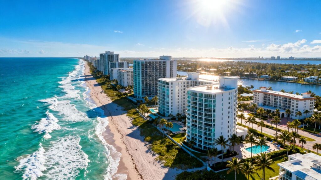 Palm Beach County beachfront condos with ocean and palm trees.