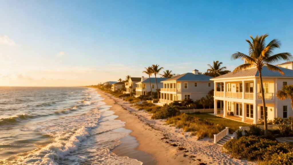 Florida homes by the ocean with palm trees.