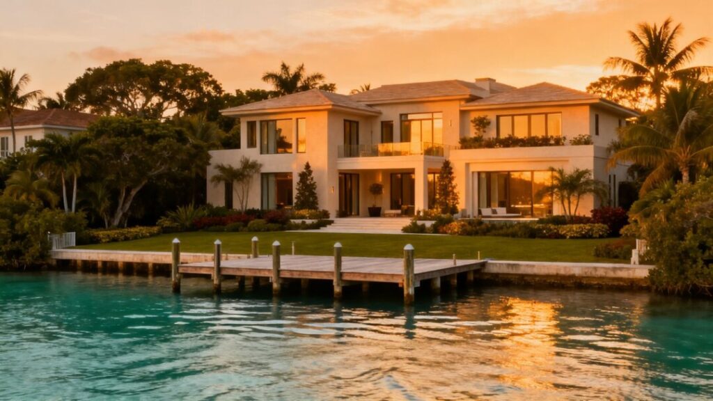 Florida waterfront mansion with elegant, understated architecture.