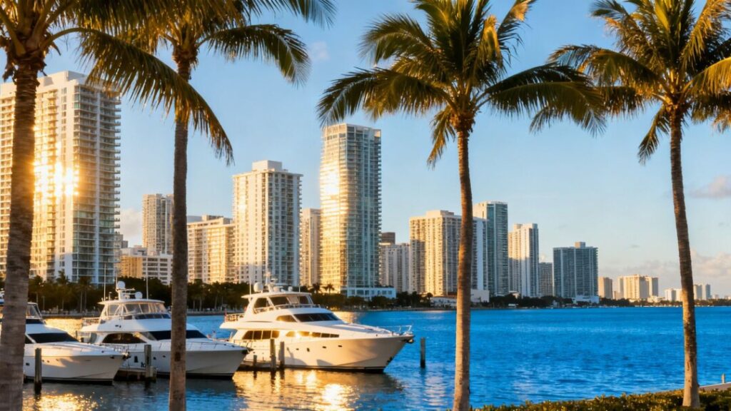 Miami skyline with luxury yachts and palm trees.