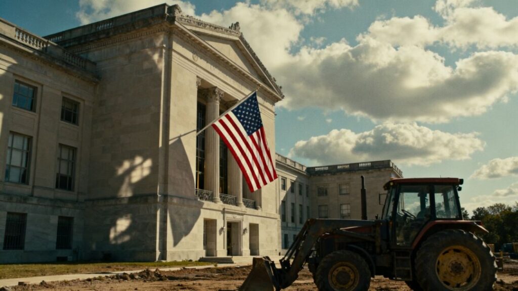 Tractor outside government building, project delayed.