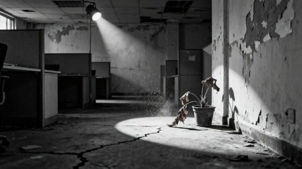 Empty office building with cracked floors and long shadows.