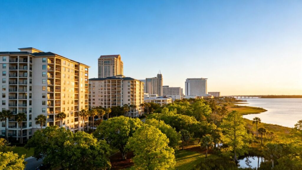 Jacksonville skyline with modern apartments and greenery.