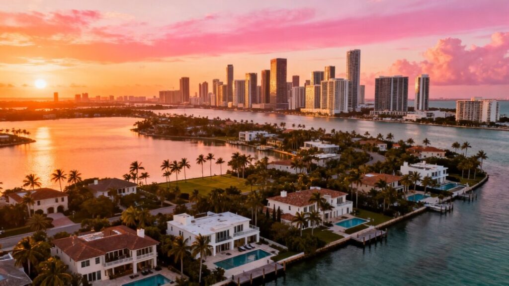Miami skyline with luxury properties and ocean views.