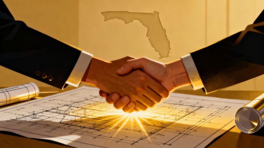 Florida real estate financing initiative handshake and blueprint.