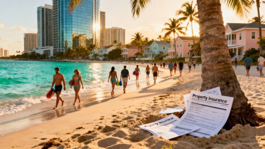 Florida housing market with diverse people and homes.