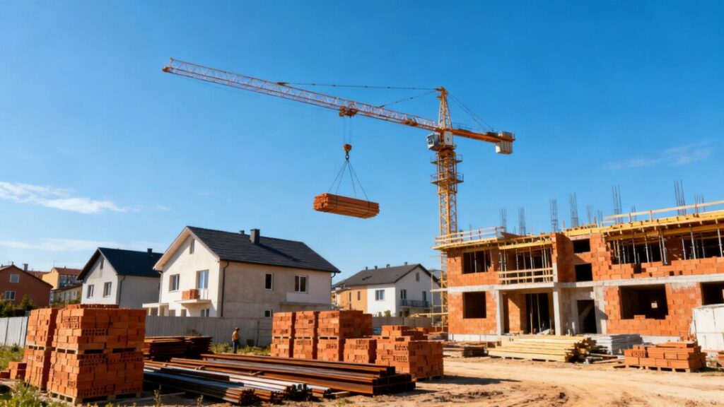 Newly constructed houses on a sunny day.