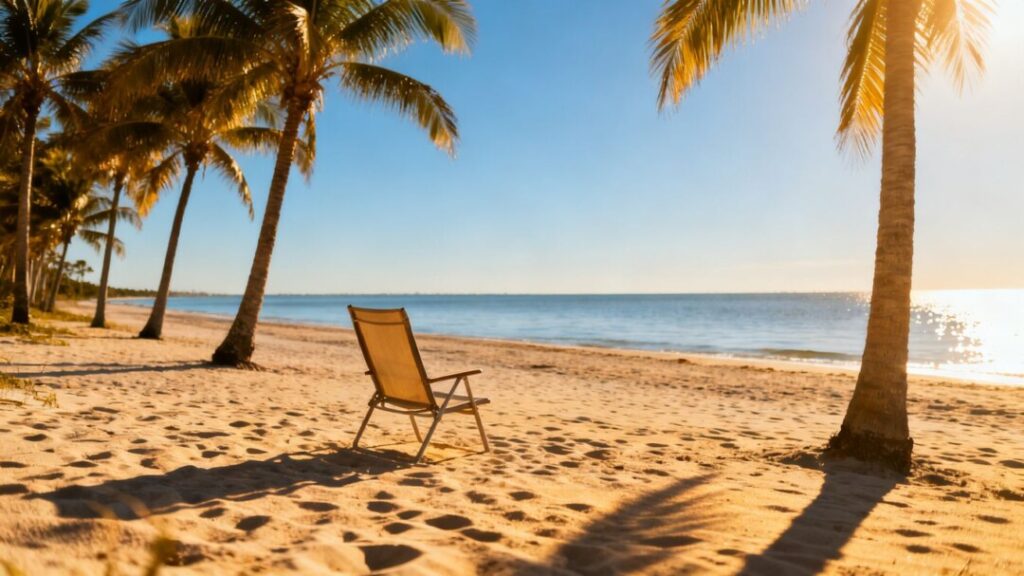 Empty beach chair on a quiet Florida beach.