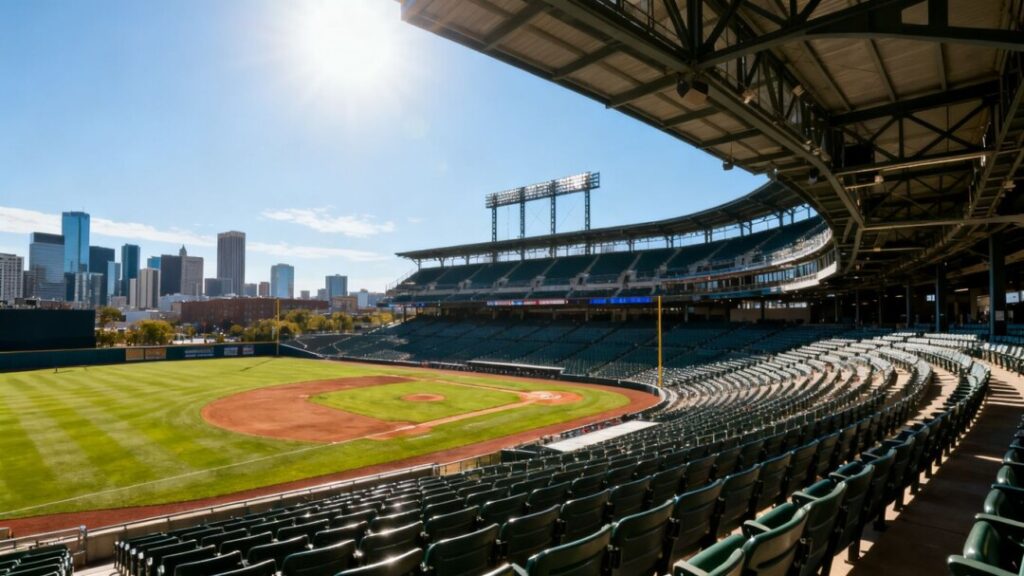 Tampa Bay Rays stadium with cityscape backdrop.