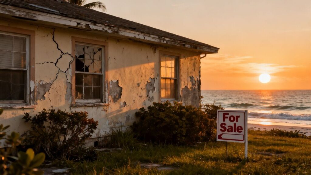 Florida house with overgrown yard and sunset background.
