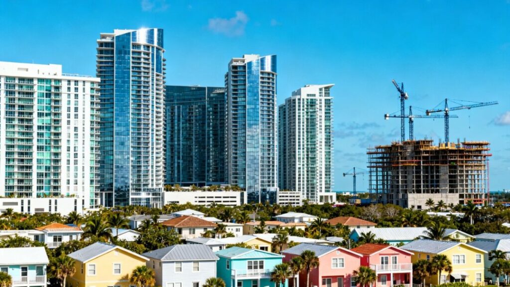 Florida skyline with new condo and affordable housing developments.