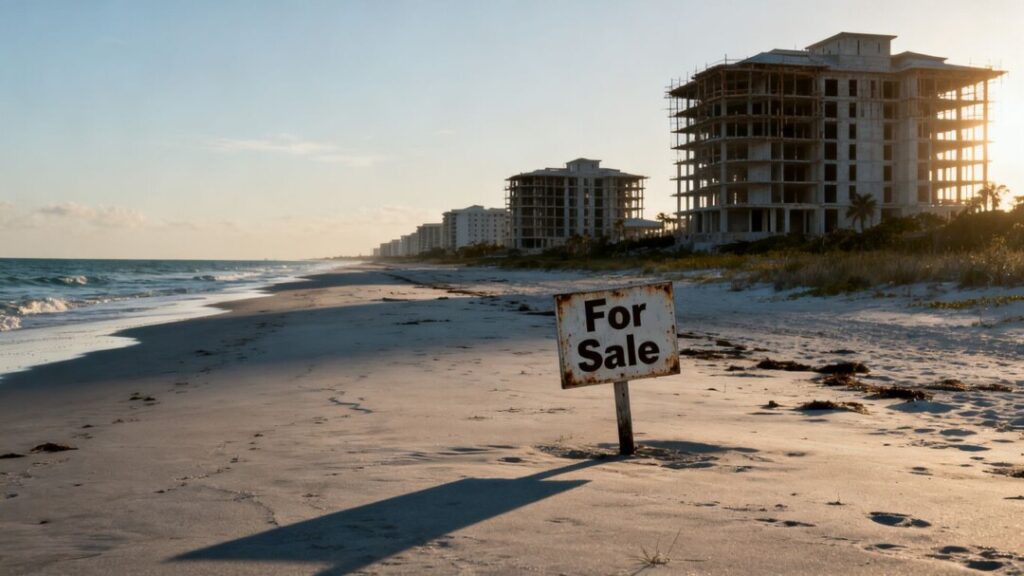 Florida coast with empty lots and distant unfinished condos.