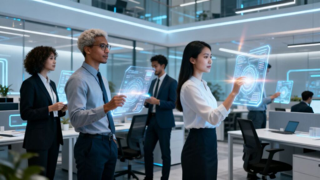 Business professionals using advanced technology in a modern office.