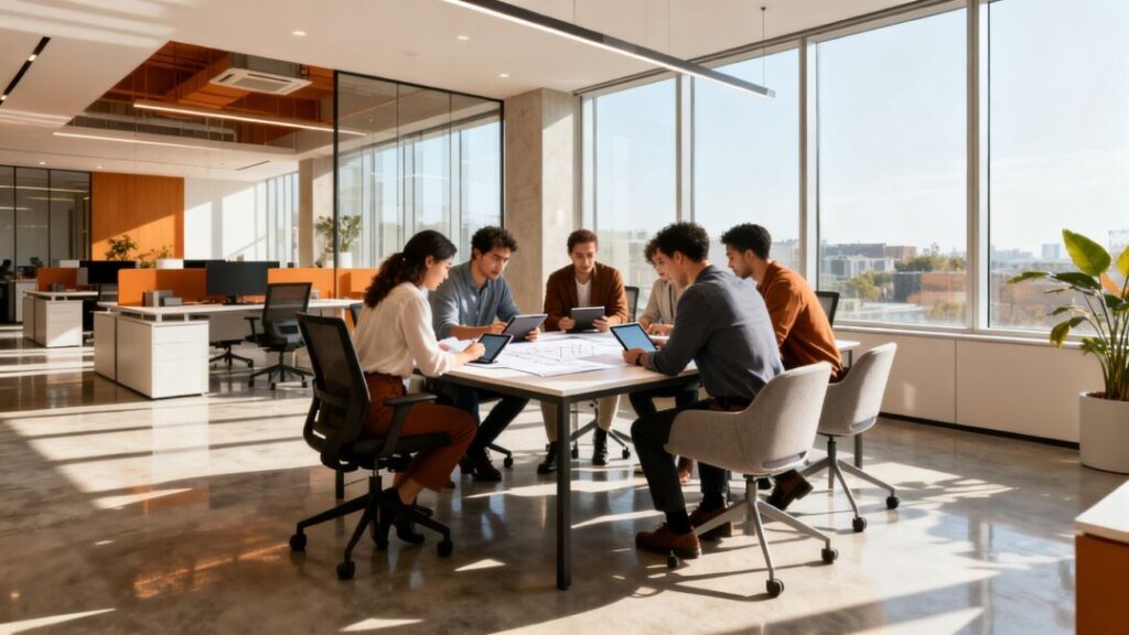 Shelton Bernace Group team meeting in a modern office.