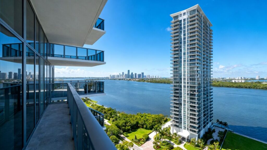 Modern riverfront condo tower with balconies and city skyline.