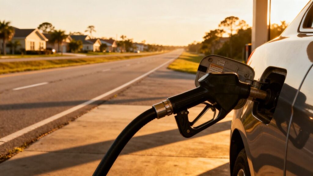 Florida highway leading to homes with gas pump in foreground.