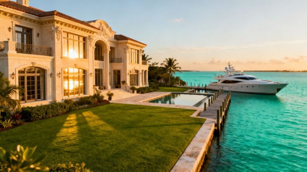 Luxury Florida mansion with waterfront view and yacht.