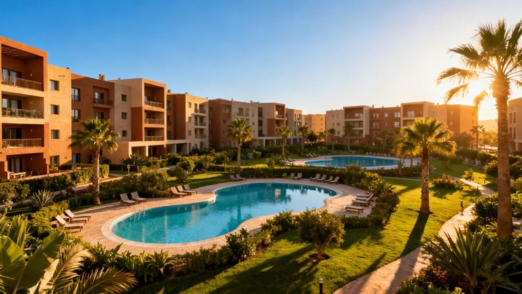 Phoenix-area apartment complex with pools and palm trees.