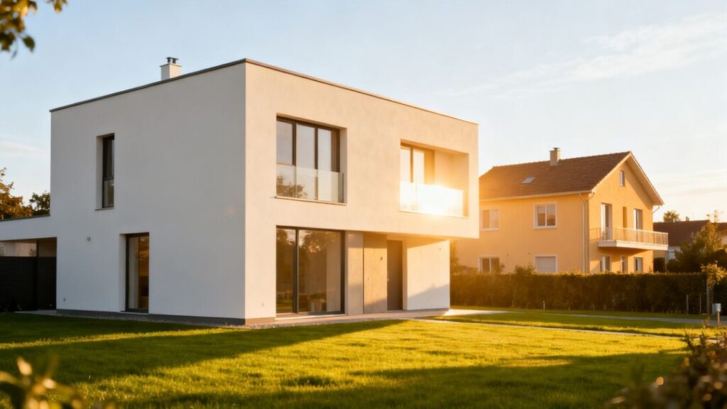 New home exterior contrasted with older home exterior.