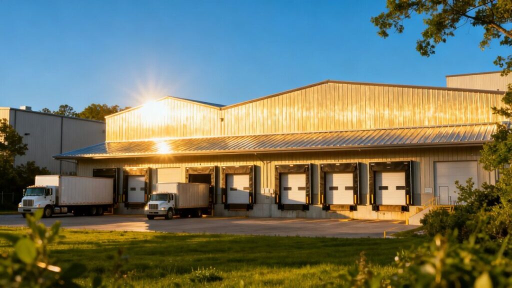Industrial warehouses with trucks at loading docks.