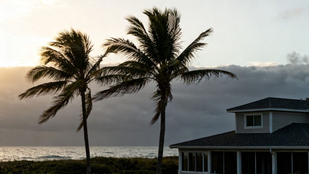 Florida coast with house, sky changing from sunny to cloudy.