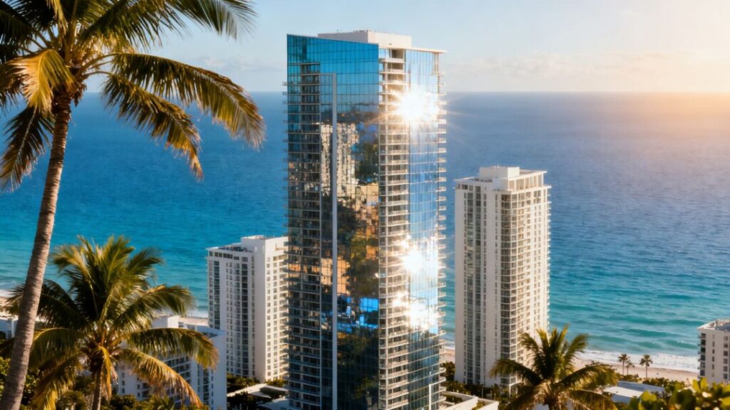 Florida coastline with luxury condos and palm trees.