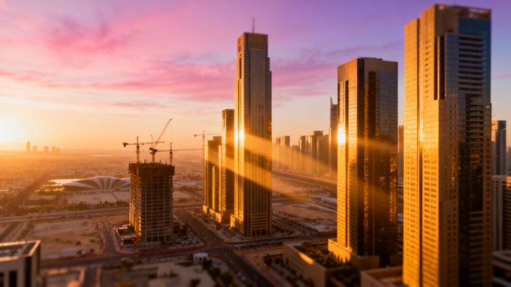 Sunrise over a city skyline with new residential towers.