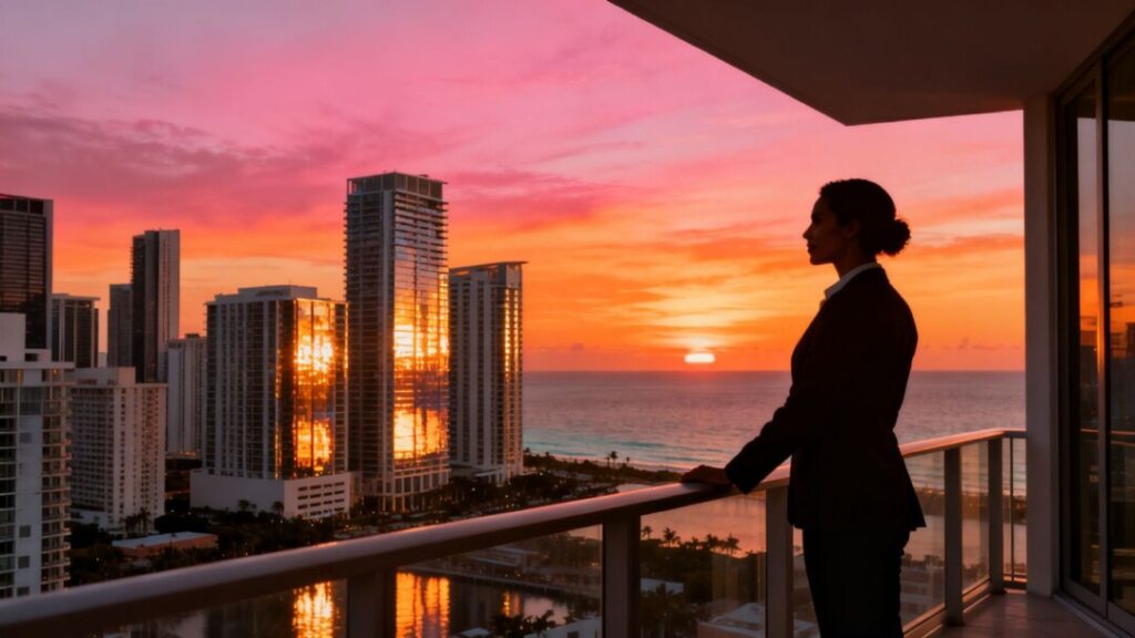 Miami skyline with luxury condos and a real estate agent.