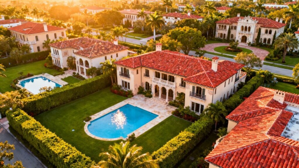 Coral Gables luxury homes with red roofs and pools.