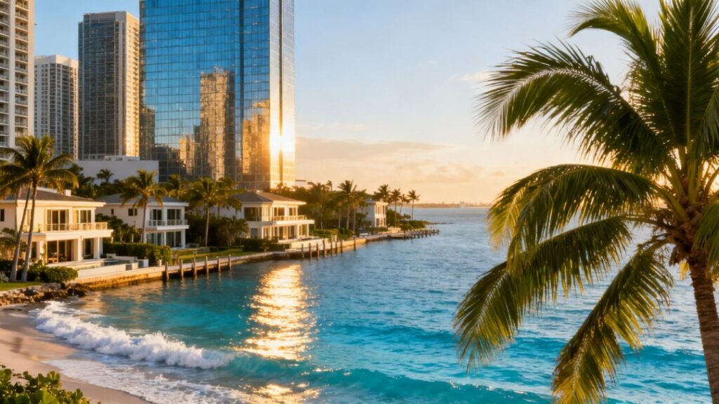 Miami skyline with luxury real estate and ocean.