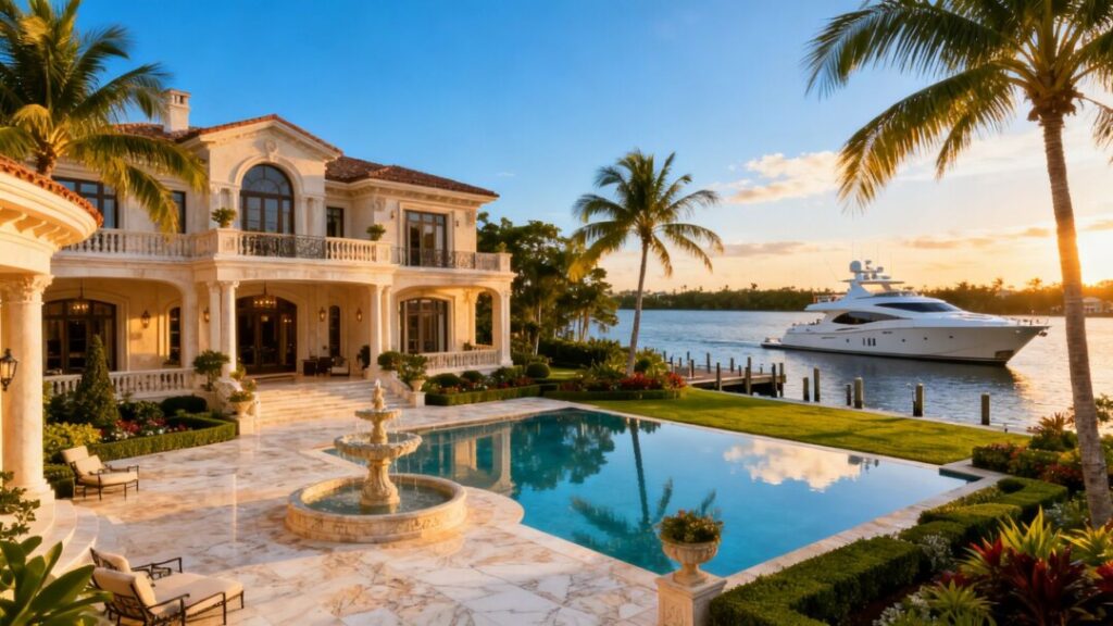 Luxury Florida mansion with waterfront view.