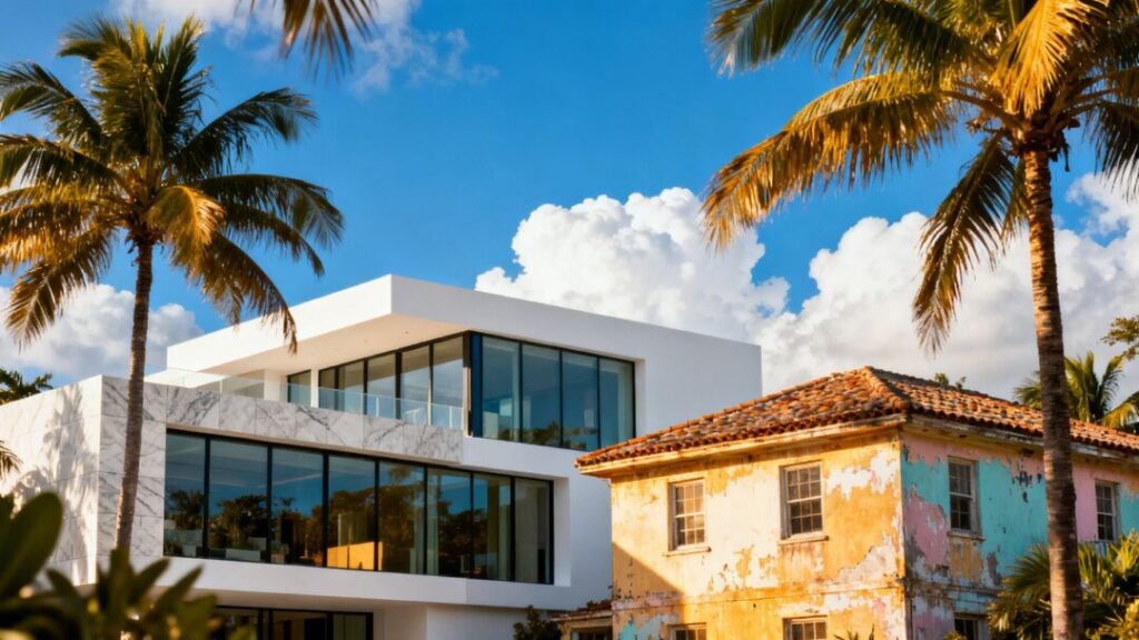 Miami luxury mansion versus modest home, real estate divide.