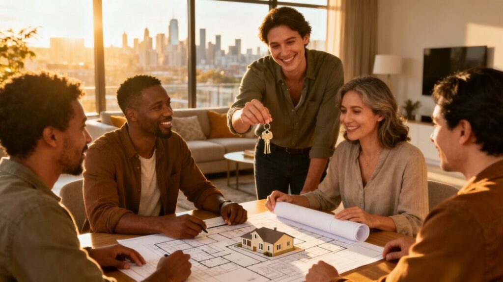 Home buyers discussing blueprints and keys in a new home.
