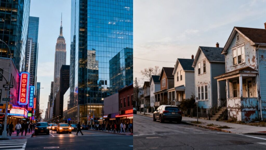 Florida housing market contrast: boomtown cityscape versus quieter neighborhood.