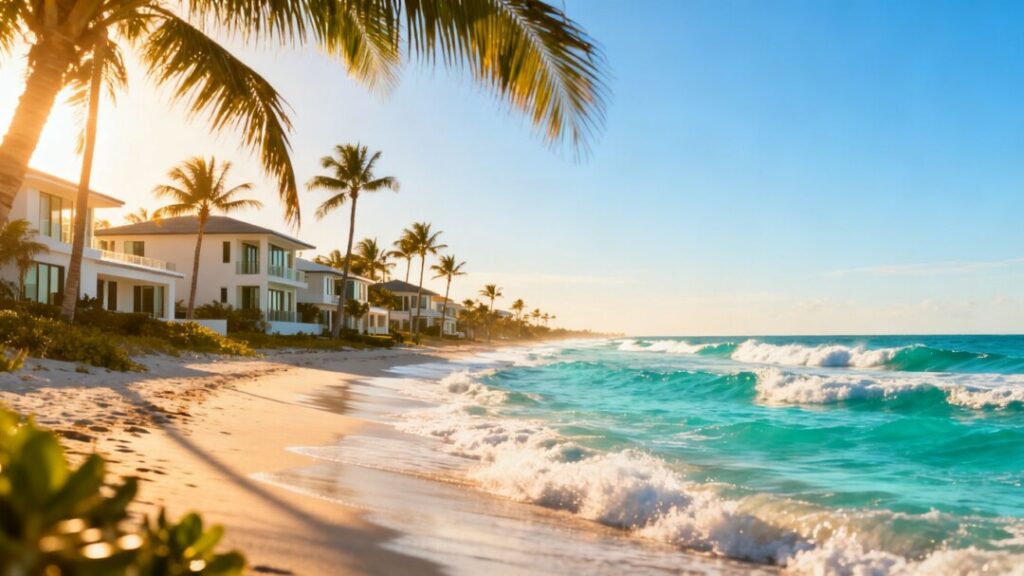Florida coastline with upscale homes and ocean.