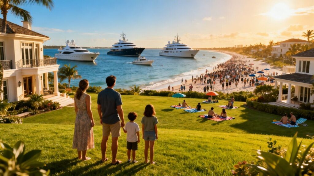Florida mansions and crowded beaches, wealth disparity.