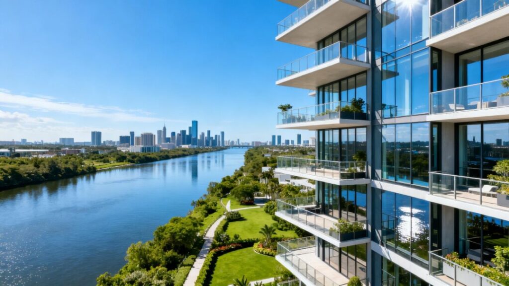 Modern riverfront condo tower with balconies and city skyline.