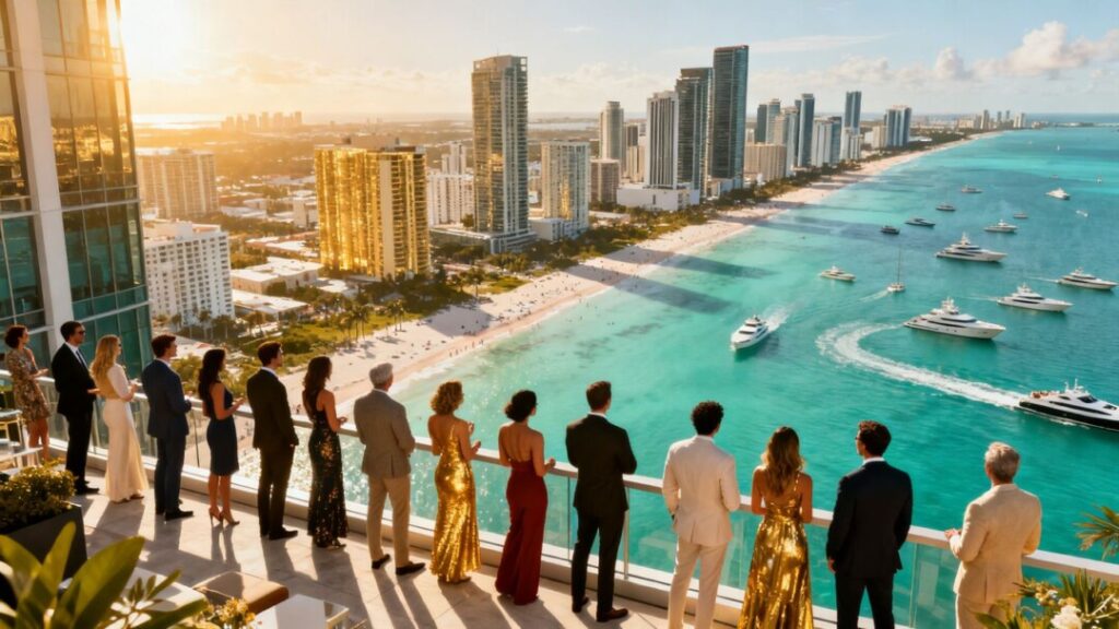 Miami skyline with beaches and luxury yachts.