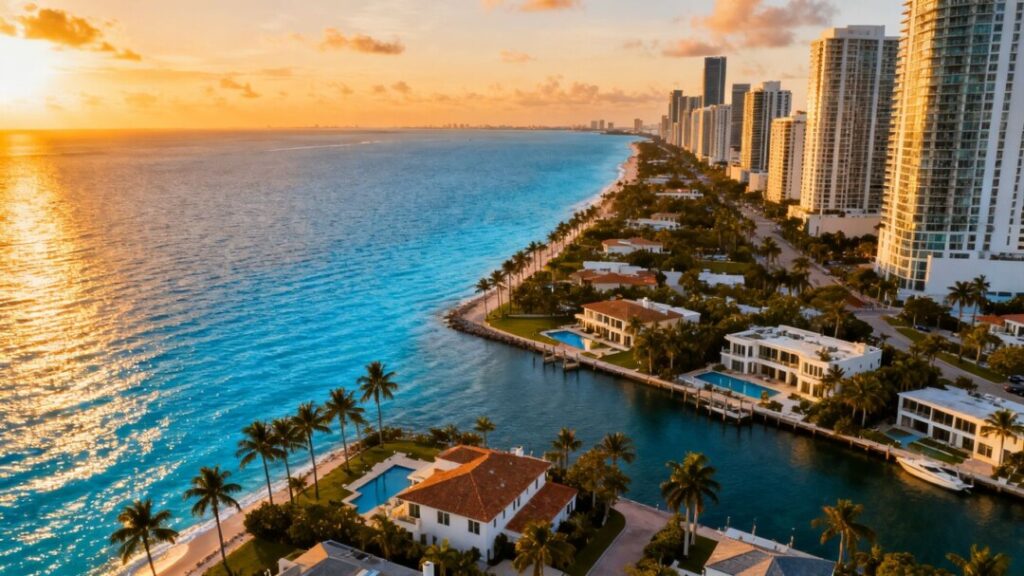 Miami skyline with luxury properties and ocean views.